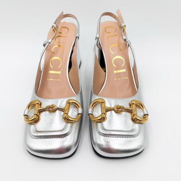 Gucci Baby Horsebit Metallic Silver Slingback Block Heels Size 37.5, 7.5 - Picture 2 of 16